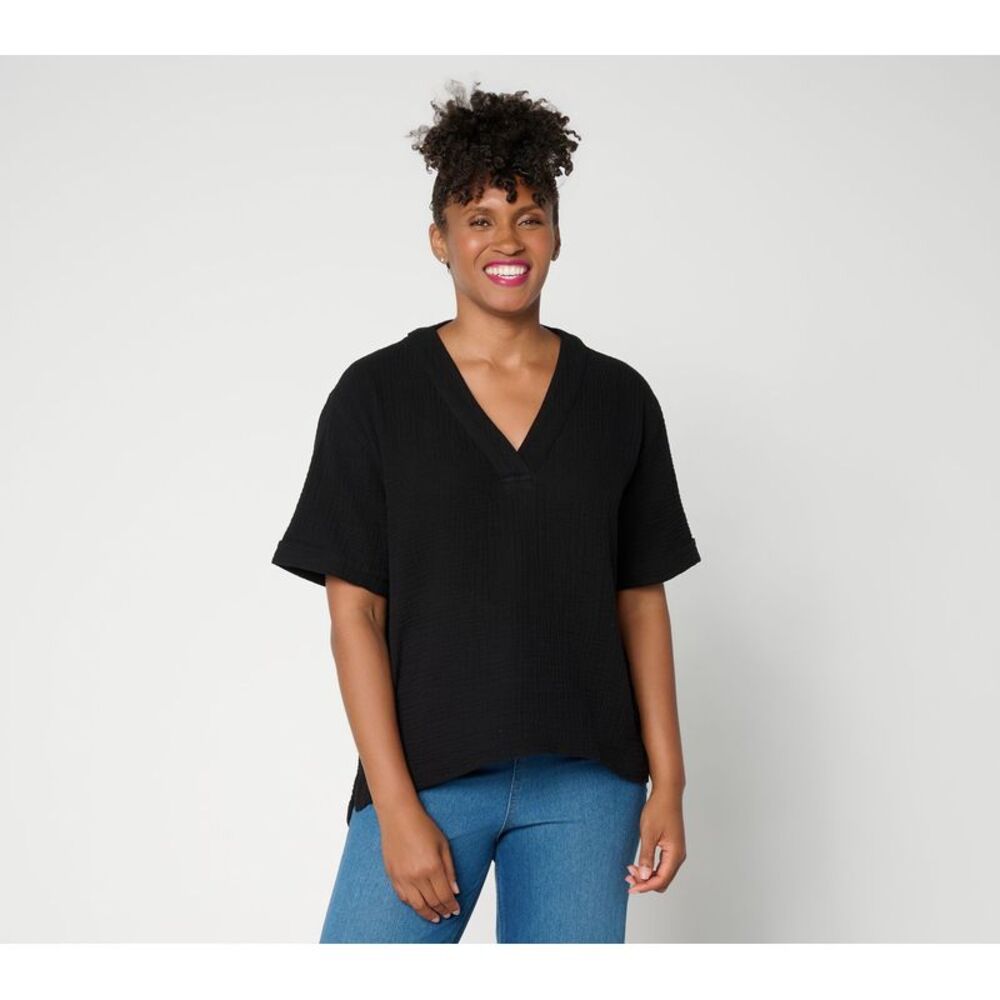 Susan Graver Women's Top Sz XL Cotton Gauze Pullover Black